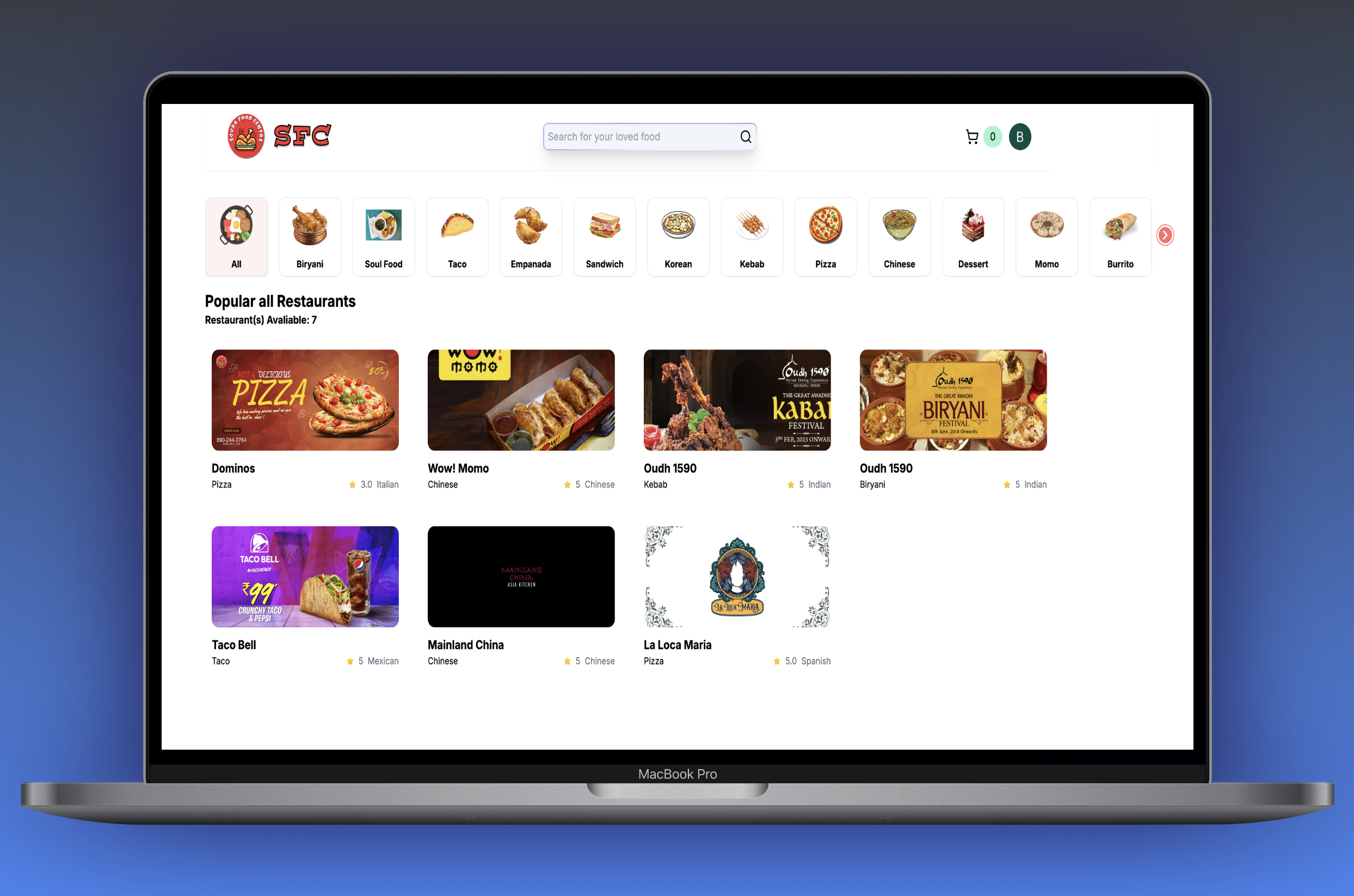 Soura Food Centre Website Homepage with all restaurants